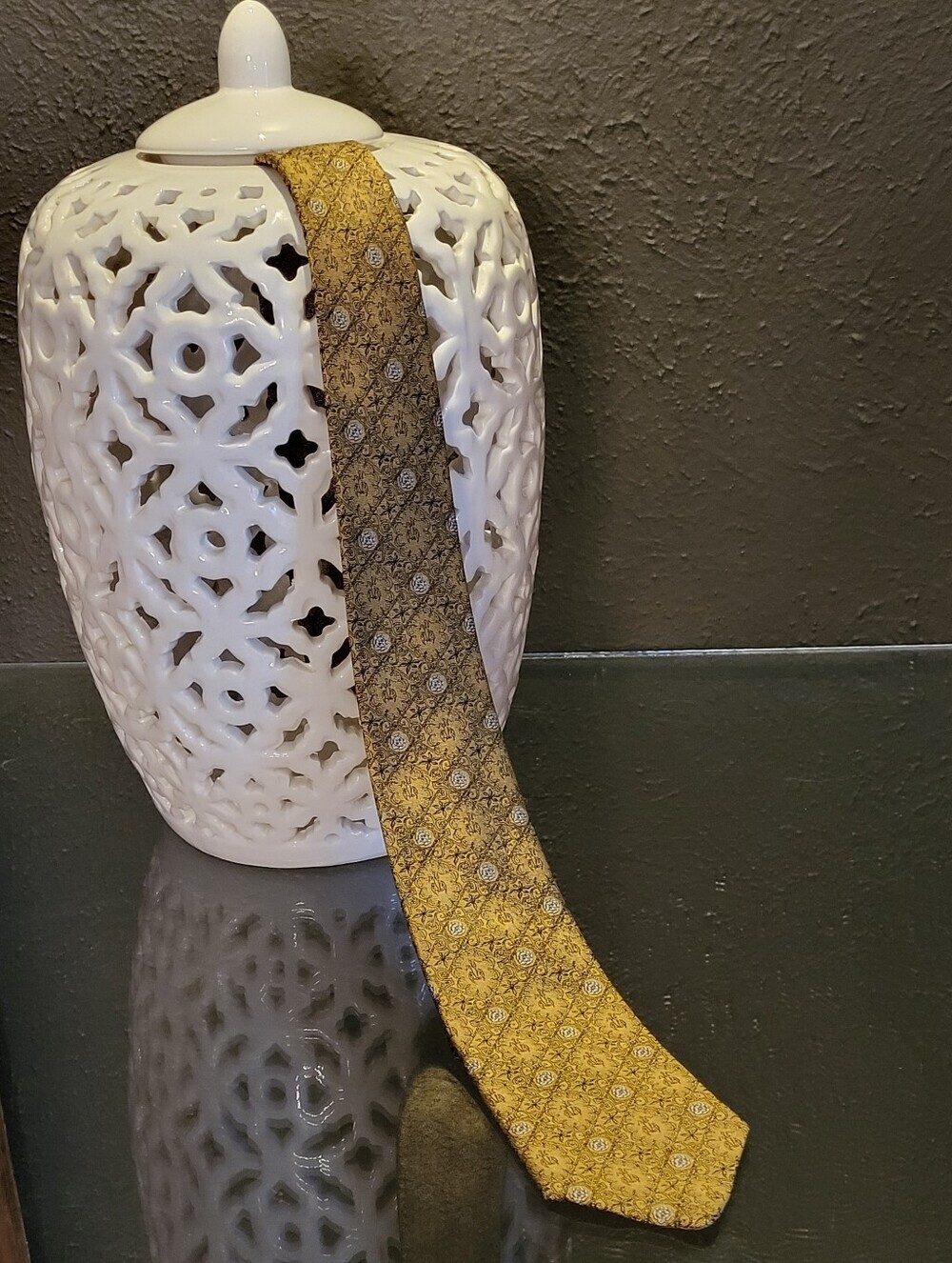 Christian Dior 60s Ochre Silk Slim Tie Black Linework Rosettes Monogram